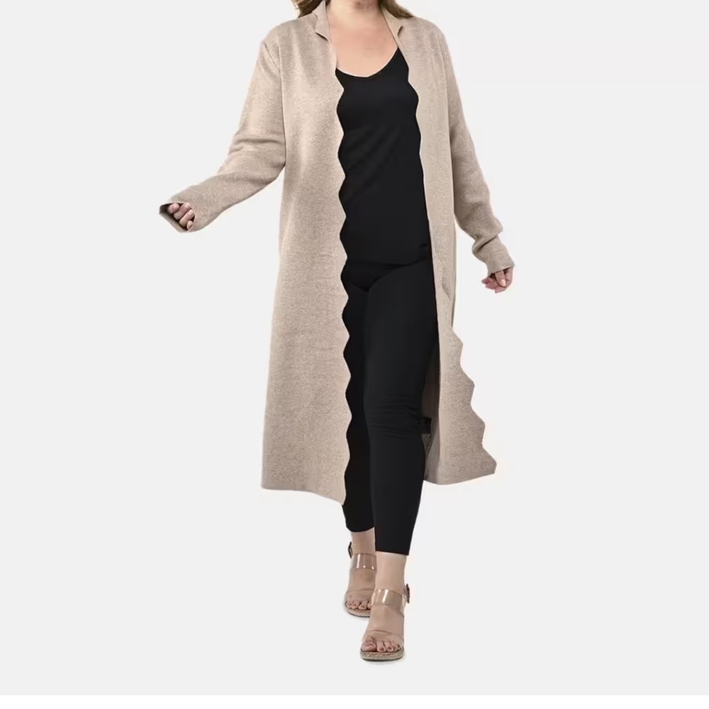 Vertigo Paris Scalloped Edge Open Tan Long Cardigan Coat